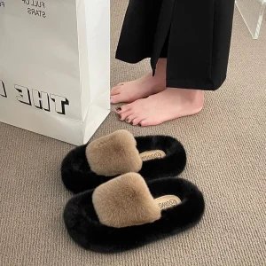 Outdoor Women’s Comfy Cross Fur Slippers Memory Foam Indoor Outdoor PVC EVA Winter House Elevator Fluffy Slides