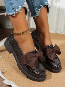 PU Leather Bow Loafers Women’s Brown Lug Sole Chunky Dress Shoes