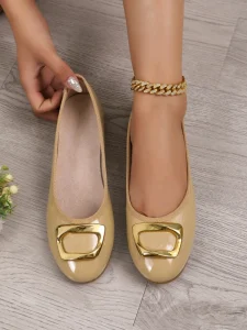 PU Upper Flat Shoes Women Gold Buckle Toe Slip On Ballet Flats Casual Daily Wear Summer Spring Comfort Walking Soft