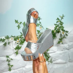 Party Women’s Shoes Evening Outdoor Fashion Silver Croc Embossed Slope Heel Sandals Women’s Slippers