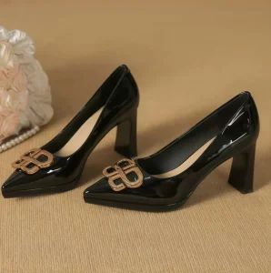 Patent Leather Black 8cm Thick Heel High Top Slip-On Women’s Office Elegant Closed Toe Shoes PU Midsole