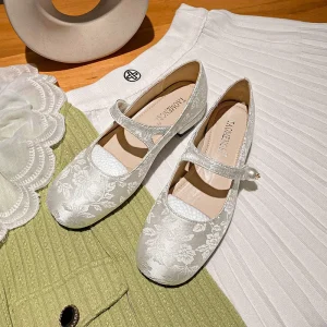 Pearl Decorated Chinese Pattern Mary Jane Women’s Shoes Retro Elegant Low Heel Square Toe Flats