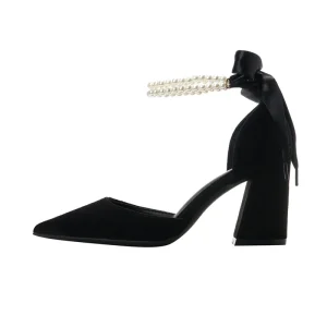 Pearl Embellished French Style Women’s Sandals Comfortable Versatile Stylish Block Heel Suede Ankle Strap with Buckle High Heels