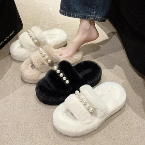 Pearl Hairy Slippers for Women’s Outdoor Wear Spring and Autumn Thick Soled Mesh Red Cotton Slippers