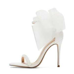 Pearl Wedding Bridal Shoes Bow Strappy Open Toe Stiletto High Heels Sandals for Women