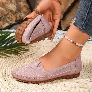 Pink Ladies Flat Shoes with Embroidered Perforated Plus Size Slip On Flat Loafers Shoes for Women Soft Sole Casual Shoes