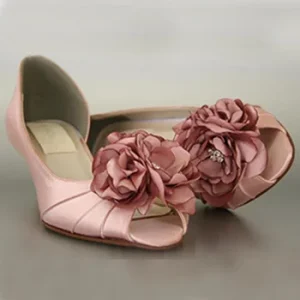 Pink Wedding Shoes Low Heel Bridal Shoes Wide Width Custom Bridal Heels Open Toe Bride Shoes with Silver Crystals