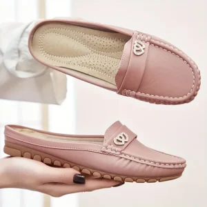 Pink Women’s Backless Moccasin Mules with Rhinestone Buckle Soft PU Leather Breathable Casual Flat Shoes for Driving