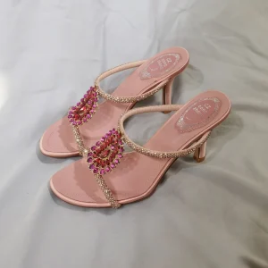 Pink Women’s Rhinestone Gem Stiletto Heel 9CM Sandals Slippers Rubber Outsole Light Luxury Microfiber Lining