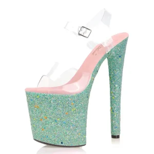 Platform Crystal 20cm 8 Inch Fetish Pole Dance High Heels Silver Bling Bride Wedding Shoes