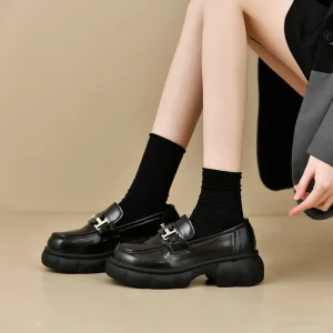 Platform Loafers for Women Microfiber Leather Shoes Small Size 35 Height Increasing Slip On Commuter Single Shoes