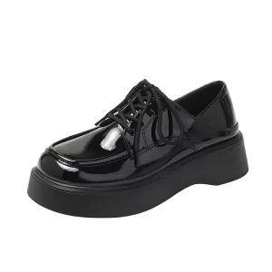 Platform Small PU Lace Up Women’s Autumn All Match British Retro Toe Loafers Single Layer Niche Design Shoes