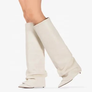 Pleated Upper Thin High Heel Pointed Toe Overlay Shoes Dress Stiletto Pants Boots Women’s Folded Over Knee High Booties