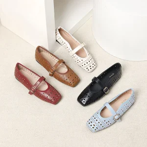 Plus Size 35 42 Women’s Spring Summer Girls New Fashion Breathable Square Toe Hollow Strap Flats Mary Jane Ballet Flat Shoes