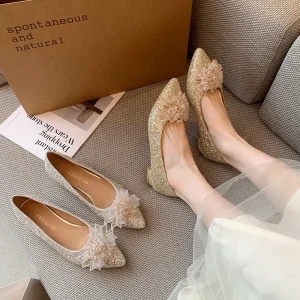 Plus Size 35-45 Women’s Wedding Flat Shoes Sequins Rhinestone Pointed Toe Bow Flats Bride Bridal Party Dress Shoes