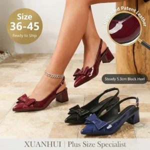 Plus Size 45 Elegant Bow Slingbacks Women’s Pumps Point Toe High Heels Patent Leather Wedding Office Dress Shoes Tacones