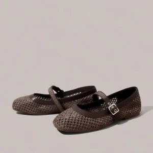 Plus Size Breathable Summer Autumn Fashion Trend Square Toe Woven Raffia Mary Jane Flats Buckle Strap Women’s Dress Shoes