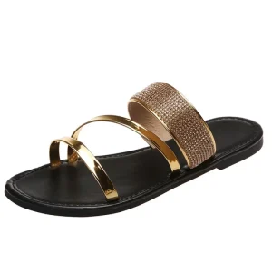 Plus Size Casual Beach Slippers Round Toe One Strap Diamond Summer Flat Sandals for Women
