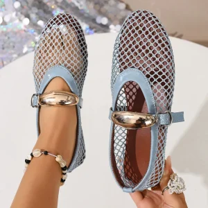 Plus Size Retro Ladies Fashion Woven One Strap Ballet Flats Versatile Single Women’s Fashion Slippers Flat Hollow out Flat Shoes