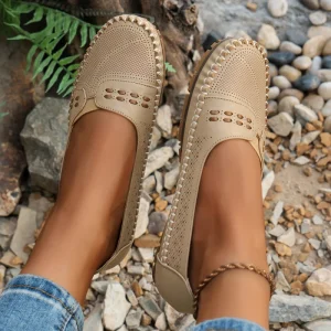 Plus Size Women’s Comfortable Beige Flat Shoes Breathable Stitching Design Slip On Loafers Soft PU Leather Casual Shoes