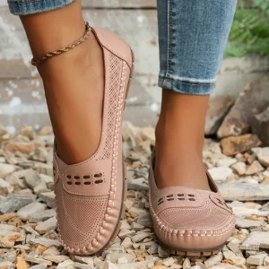 Plus Size Women’s Comfortable Pink Flat Shoes Breathable Stitching Design Slip On Loafers Soft PU Leather Casual Shoes