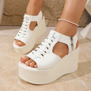 Plus Size Women’s Hollow Out Zipper Thick Soled Comfortable Casual Lightweight Minimalist Design Essential Summer Wedge Sandals