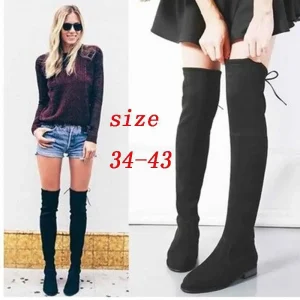 Plus Size Women’s Stretchy Suede Side Zipper Back Tie Low Heel Over the Knee Flat Thigh High Boots