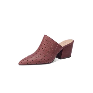 Point Toe Women Leather Shoes Slip on Women Chunky Heel Mules for Ladies
