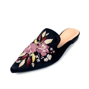 Pointed Head Embroidery Carving Women’s Flat Shoes Office Commuting Half Drag Step on Mules Flats Loafers Ladies