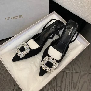 Pointed High Heels Sandals New Rhinestone Square Buckle Mid Heel Office Shoes Women’s Wedding Shoes
