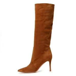 Pointed Toe 7cm Camel Black High Heel Boots Shoes Women’s Leather Boots for Ladies