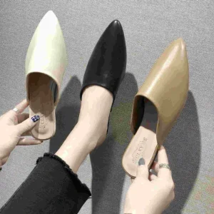 Pointed Toe Casual Summer Mules for Women Korean Style Chunky Heel Low Heel Shoes