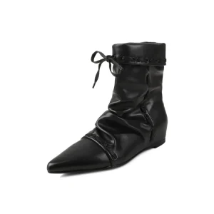 Pointed Toe Cutout Lace Up Drawstring Ruched Flat Wedge Heel Short Tall Boots