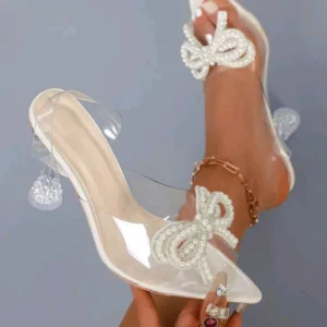 Pointed Toe Rhinestone Bow Heeled Sandals Women Transparent PVC Stiletto Crystal Heel Shoes