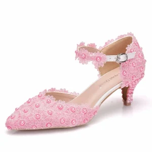 Pointed Toe Solid Colour Retro Lace Ladies Wedding Shoes Elegant Pearl Women Bridal Shoes High Heels