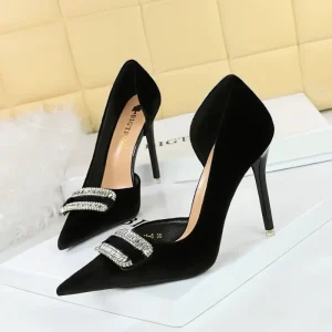 Pointed Toe Stiletto Heel Pumps Velvet Rhinestone Double Women’s High Heels For Party Evening