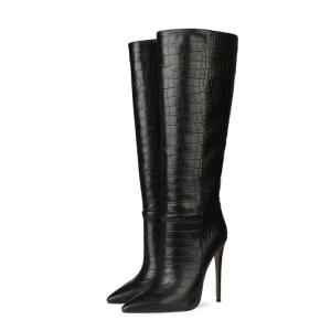 Pointed Toe Stiletto Ladies Knee High Boots Winter Wide Calf Slip-on Women’s High-heeled Boots