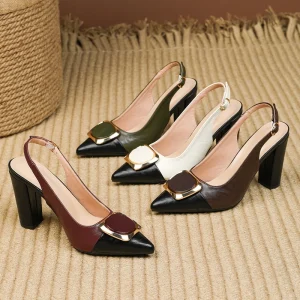 Pointed-Toe Thick-Heeled Backheel Sandals with Buttons Work High Heels Women’s Fashionable and Elegant Single Shoes