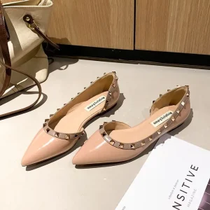 Pointed Toe Versatile Women’s Flat Shoes Shallow Toe Rose Nail PU Elegant Women’s Shoes Dress Wedding Party Shoes