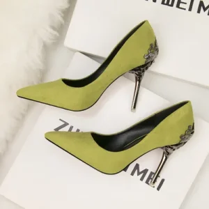 Pointed Toe Women’s Wedding Shoes Bride’s Shoes Metal Hollow Suede Thin Heel High Quality High Heel Shoes