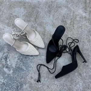 Pointed toe Solid Color High heeled Mesh Woven Baotou Mules Women’s Summer Hollow out Lace up Thin Heels Heightening