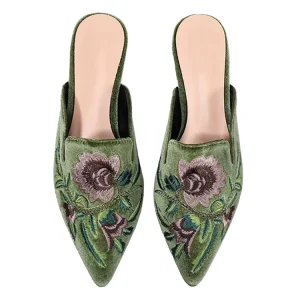 Pointy Toe Ladies Mules Slippers Velvet Flowers Flat Mules Women