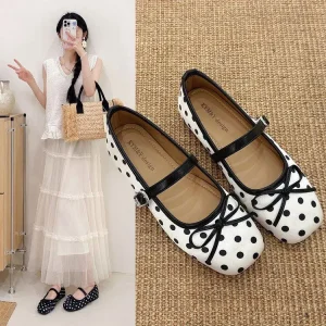 Polka Dot Bowtie Pumps Women’s Spring New Style French Flat Buckle Closure Synthetic Upper Ballet Mary Jane Shoes