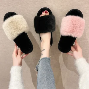 Printed Plush Slippers Women’s Winter Home Wear Women’s Slippers Matching Flat Bottom Slippers