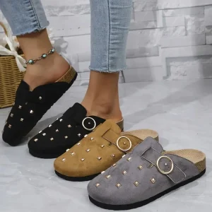 Private Label Elegant Women’s Rivet Embellished Slippers Solid Color Corduroy Mules with Buckle Spring Autumn Slip On Footwear