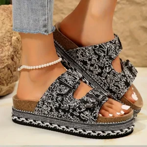 Private Label Women’s Summer Platform Slide Sandals Double Buckle Design Open Toe Shoes Casual Outdoor Cork Slide Shoes