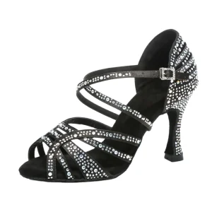 Professional Women’s Satin Shiny Rhinestone Latin Dance Shoes Soft Suede Lining for Ballroom & Salsa