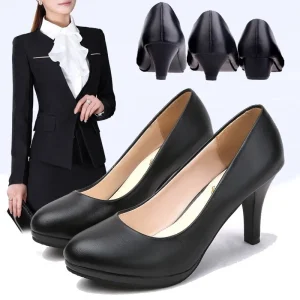 Professional Work Formal Dress Etiquette Interview Women’s Small Leather Shoes Single Mid Heel Autumn Black Dress Shoes