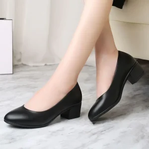 Professional Work Formal Dress Etiquette Interview Women’s Small Leather Shoes Single Mid-heel Autumn Black Dress Shoes