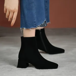 Pu Leather Ankle High Chunky Heels Women’s with Zip Fashion Boots Shoes for Women New Styles Boots for Women